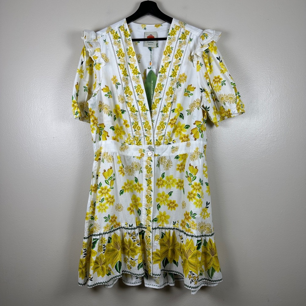 Farm Rio Women's XL Azaleia Mini Dress Off-White Yellow Floral Embroidered NWT